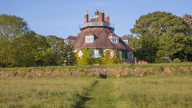 The cut-grass path across the meadow at A la Ronde, Devon.